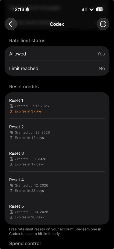 Codex reset credits in Limits, each with a grant date and an expiry countdown