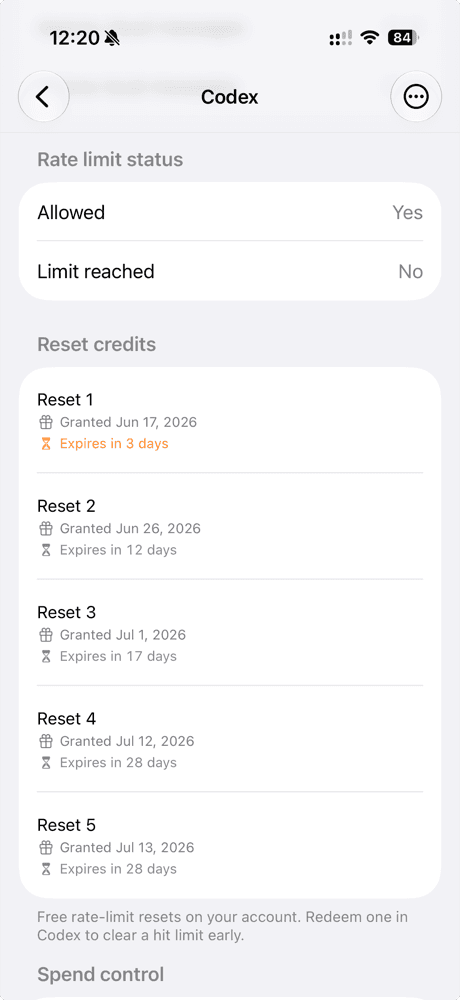 Codex reset credits in Limits, each with a grant date and an expiry countdown