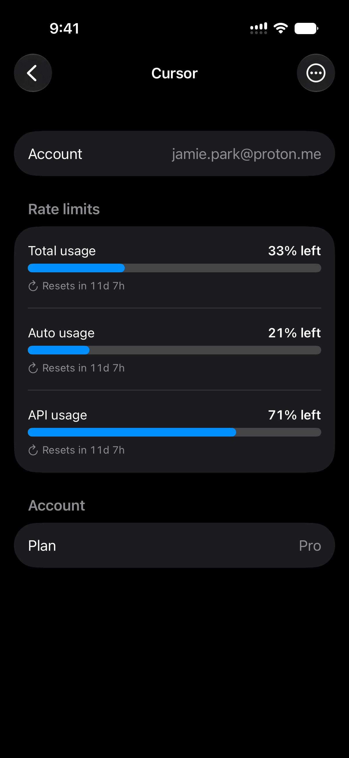 Cursor usage and reset details shown in Limits