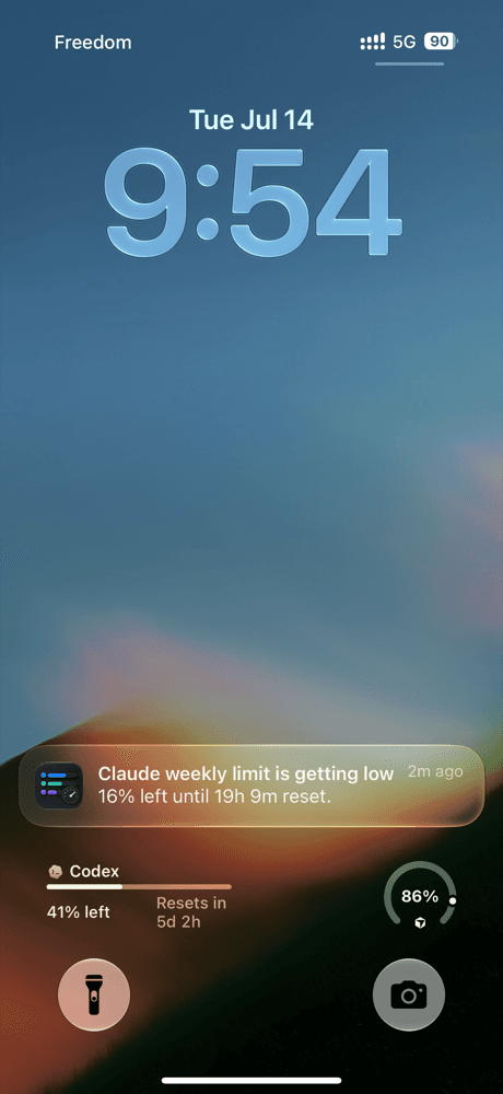A Limits notification on the iPhone Lock Screen showing a weekly limit running low