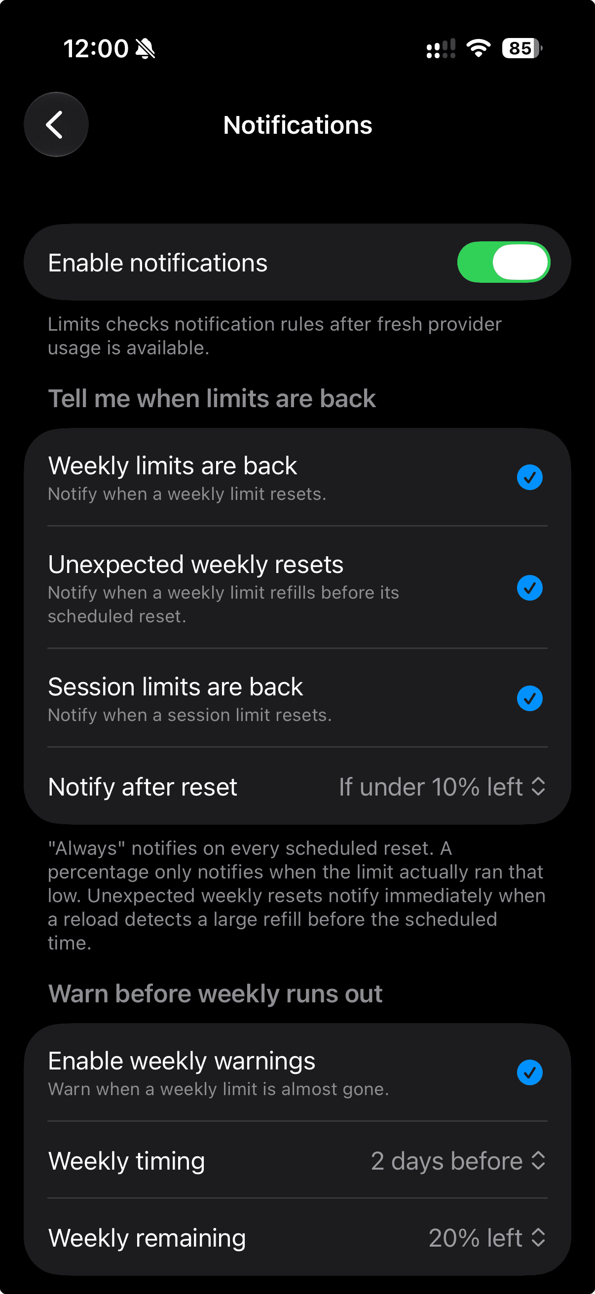 Limits notification settings for reset alerts and low warnings