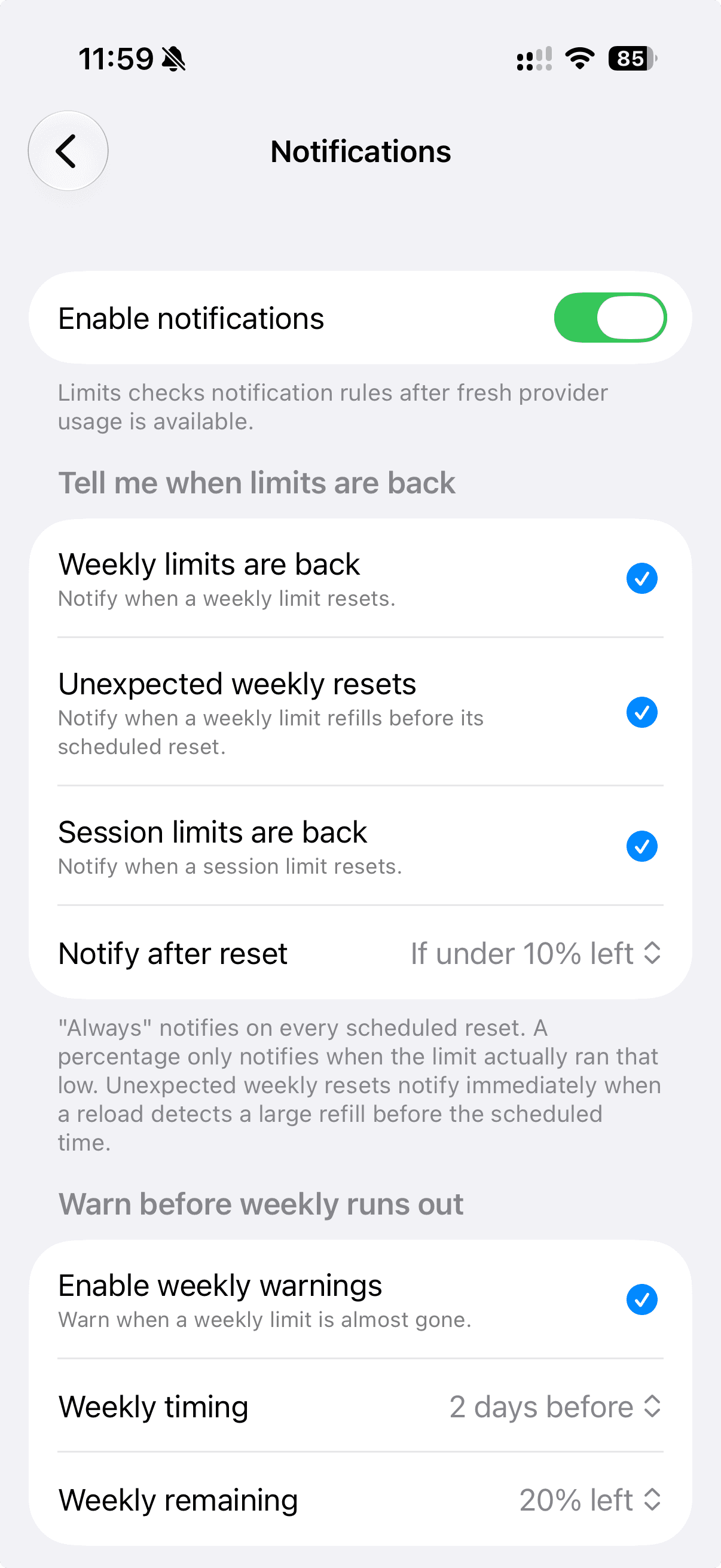 Limits notification settings for reset alerts and low warnings